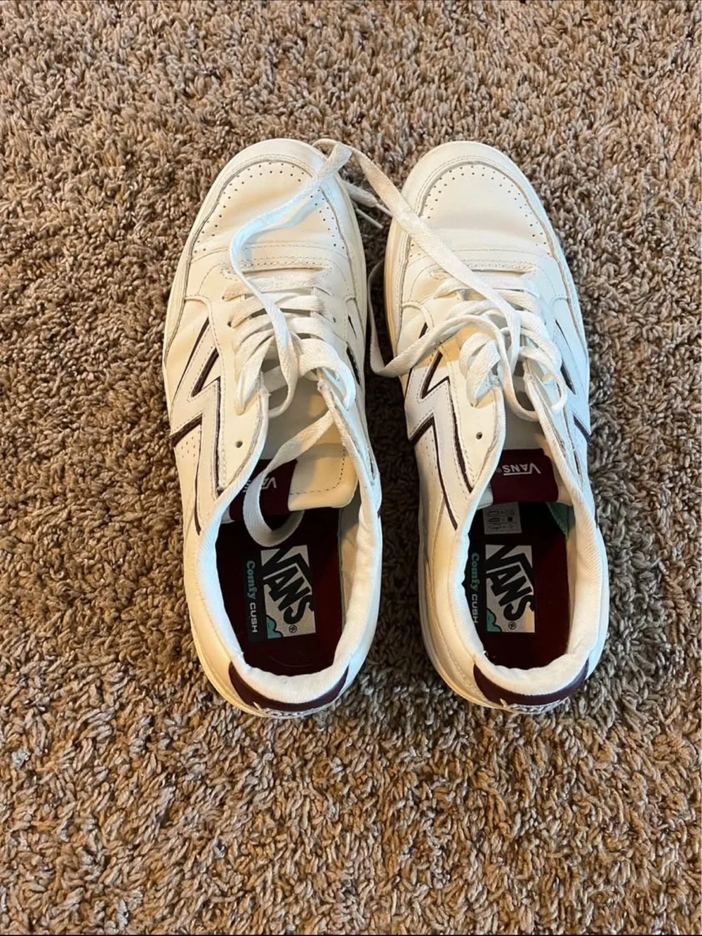 Vans White Leather Low-Top Sneakers with Burgundy Accents